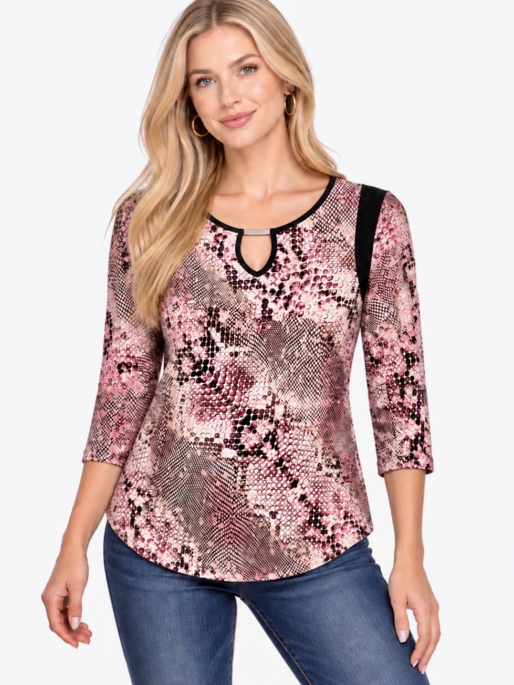 Nue Options Petite Pink Black Snake Print 3/4 Sleeve Keyhole Top Size 4P